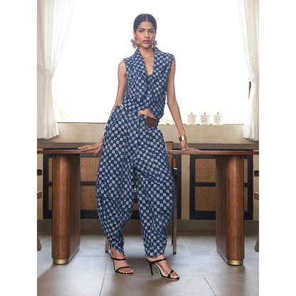 House of Fett Womens Checkered Denim Baggy Blue Pant