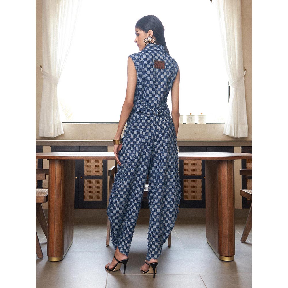 House of Fett Womens Checkered Denim Baggy Blue Pant