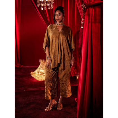 House of Fett Ochre Brown Embroidered Co-Ord Set