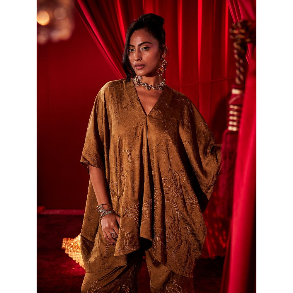 House of Fett Ochre Brown Embroidered Co-Ord Set