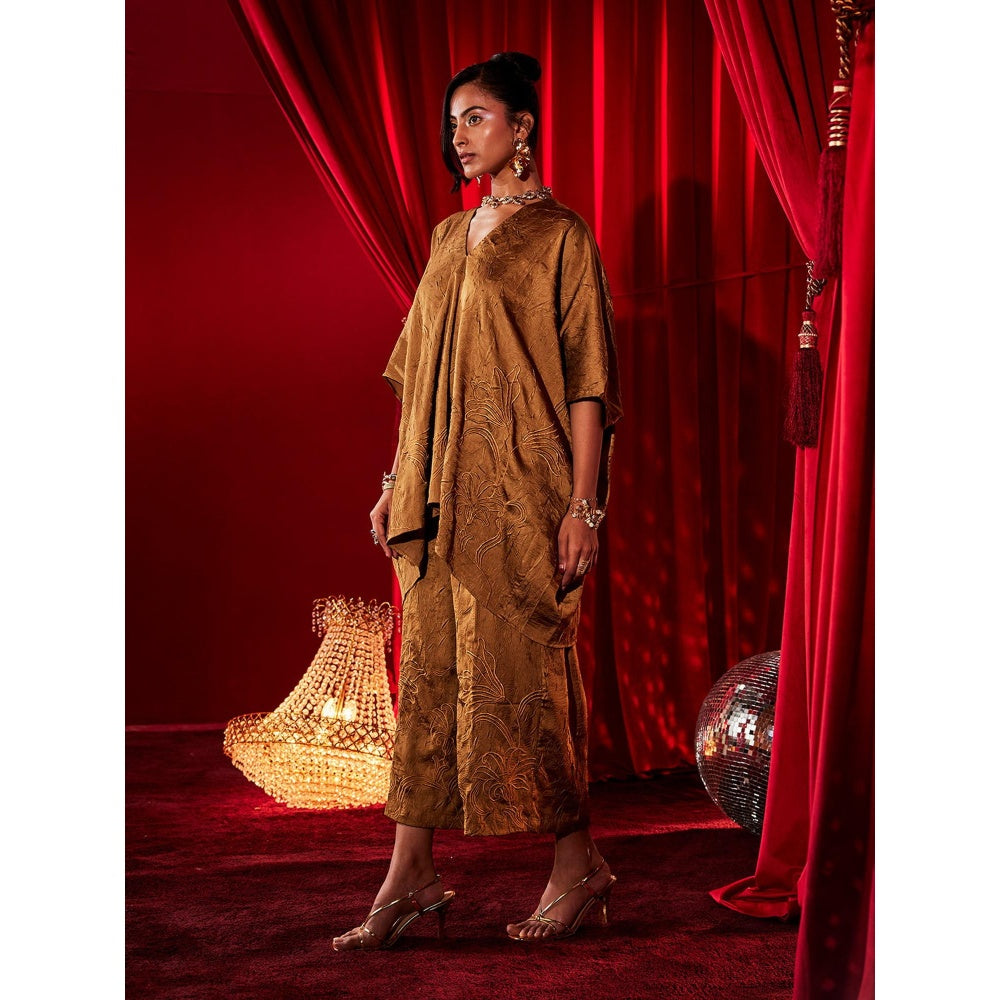 House of Fett Ochre Brown Embroidered Co-Ord Set