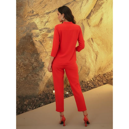 House of Fett Scarlet Red Polyester Solid Mid Waist Co-Ord Set