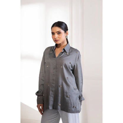House Of Muher Rihanna Grey Embellished Shirt