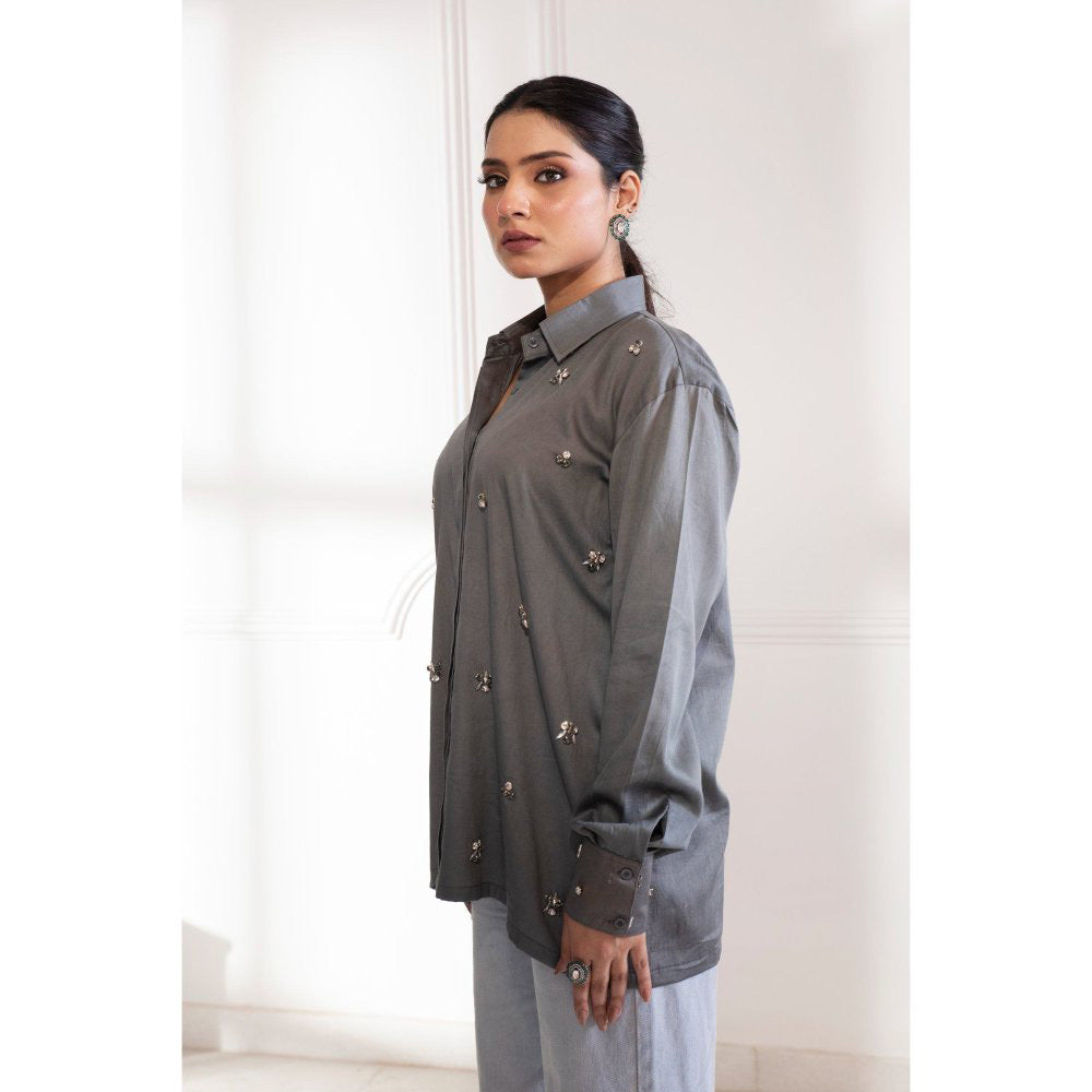 House Of Muher Rihanna Grey Embellished Shirt