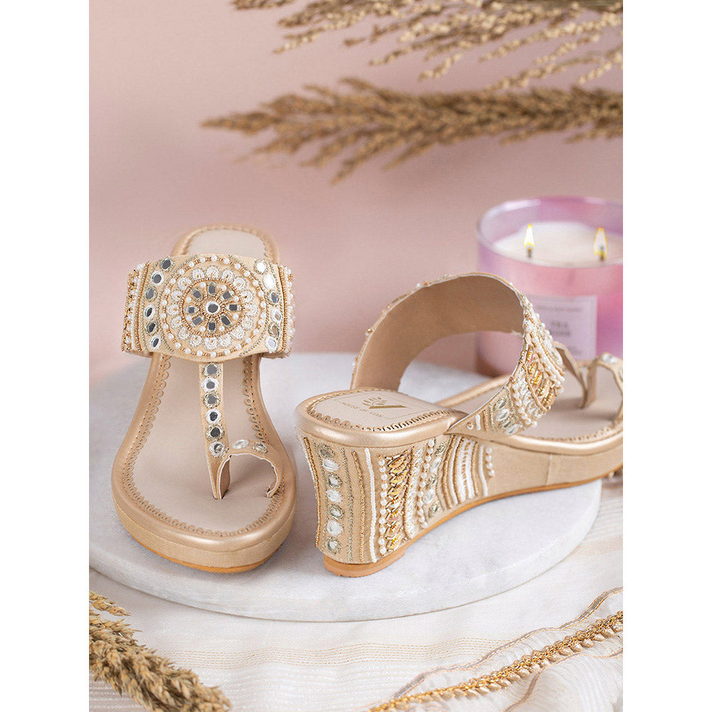 House of Vian Jharokha Gold Embroidered Wedges