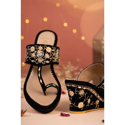 House of Vian Evie Black Embroidered Wedges