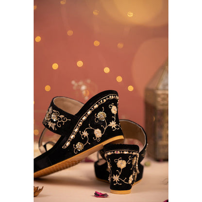 House of Vian Evie Black Embroidered Wedges