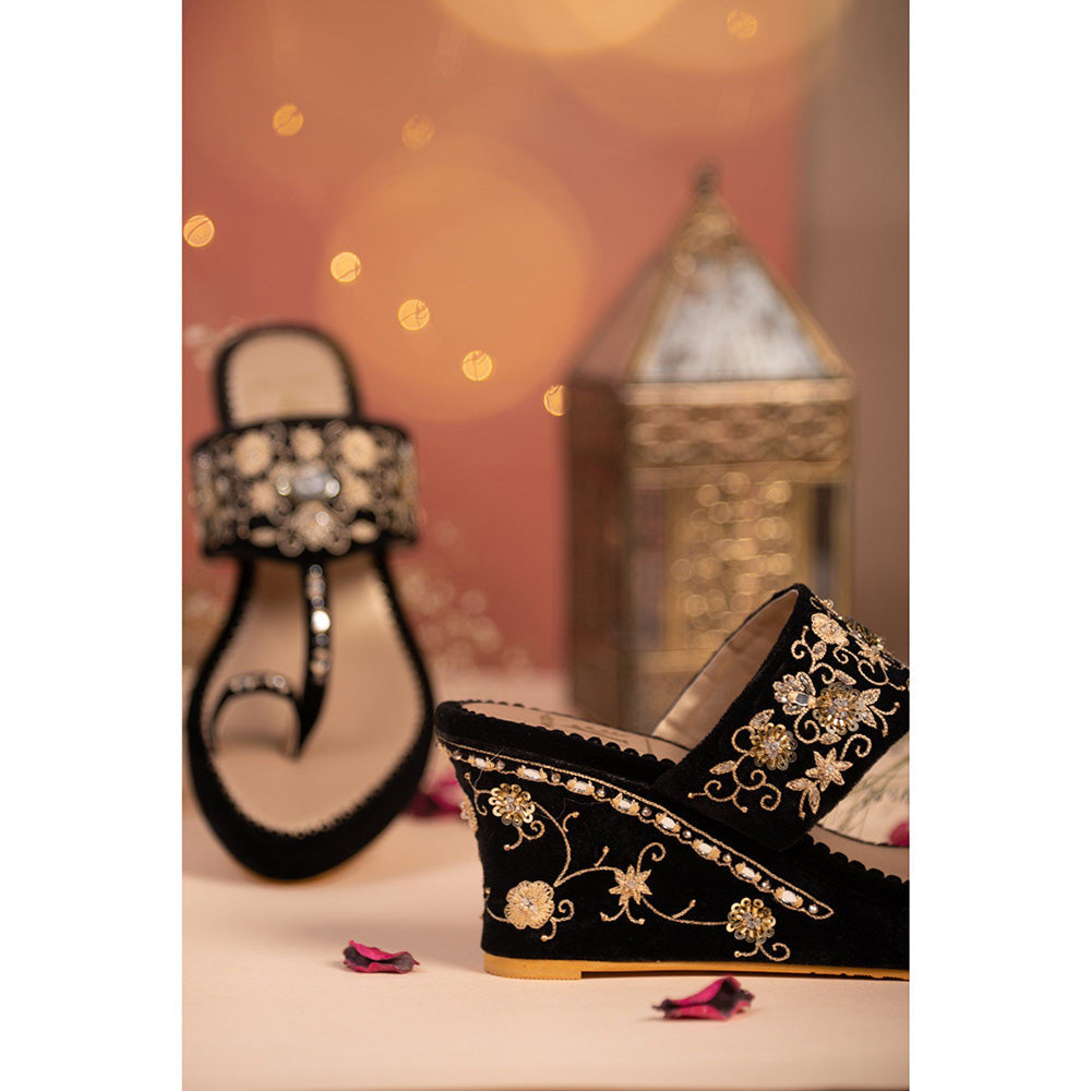 House of Vian Evie Black Embroidered Wedges