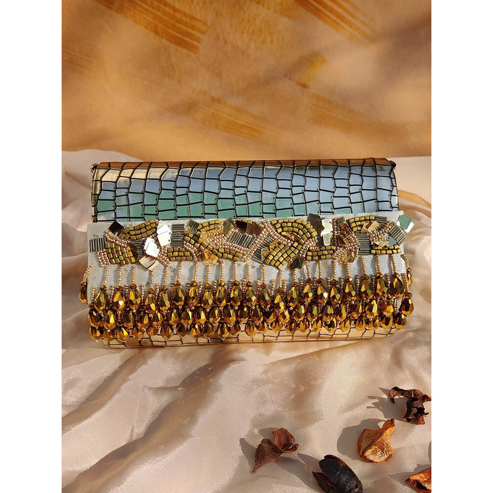 House of Vian Noorie Gold Handheld Embellished Clutch Bag for Women