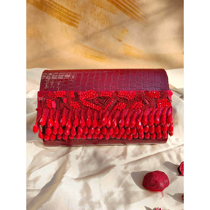 House of Vian Noorie Red Handheld Embellished Clutch Bag for Women