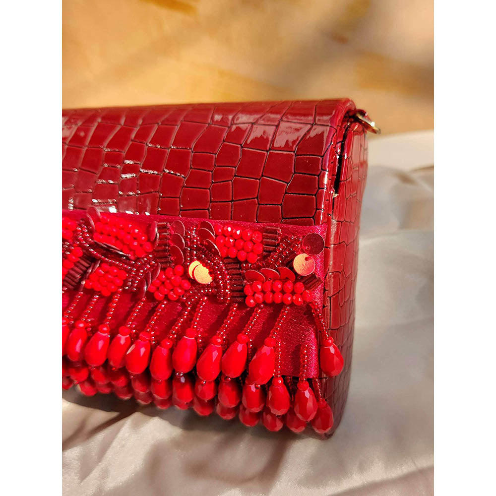 House of Vian Noorie Red Handheld Embellished Clutch Bag for Women