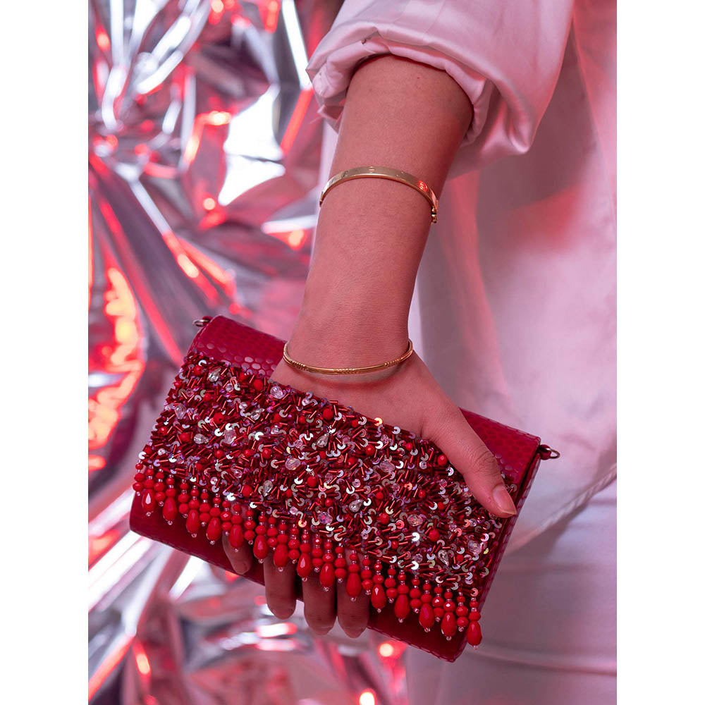 House of Vian Scarlet Red Handheld Embellished Clutch Bag for Women