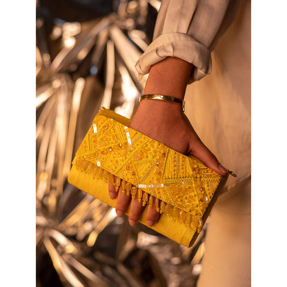 House of Vian Juane Yellow Handheld Embellished Clutch Bag for Women