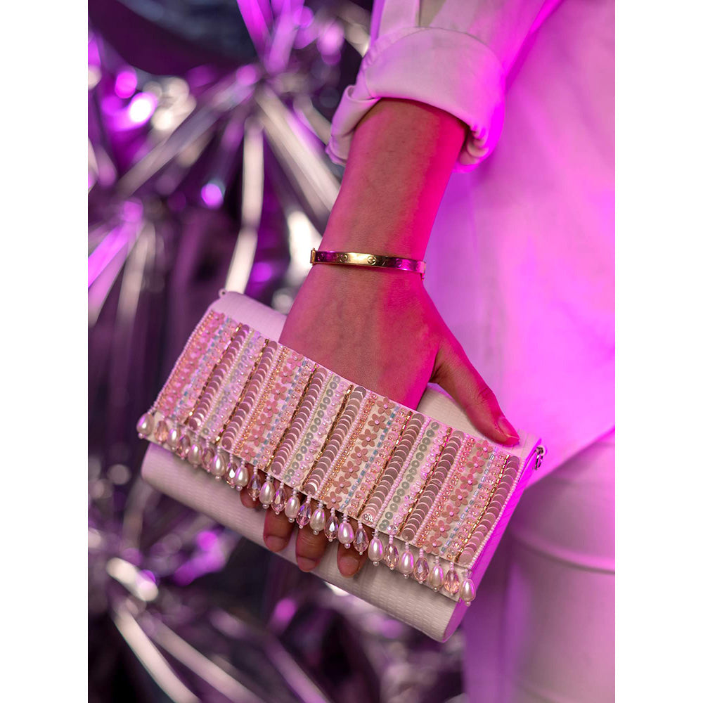 House of Vian Shyla White Handheld Embellished Clutch Bag for Women