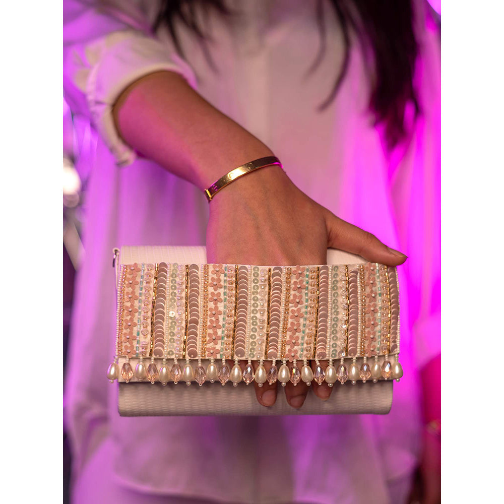 House of Vian Shyla White Handheld Embellished Clutch Bag for Women