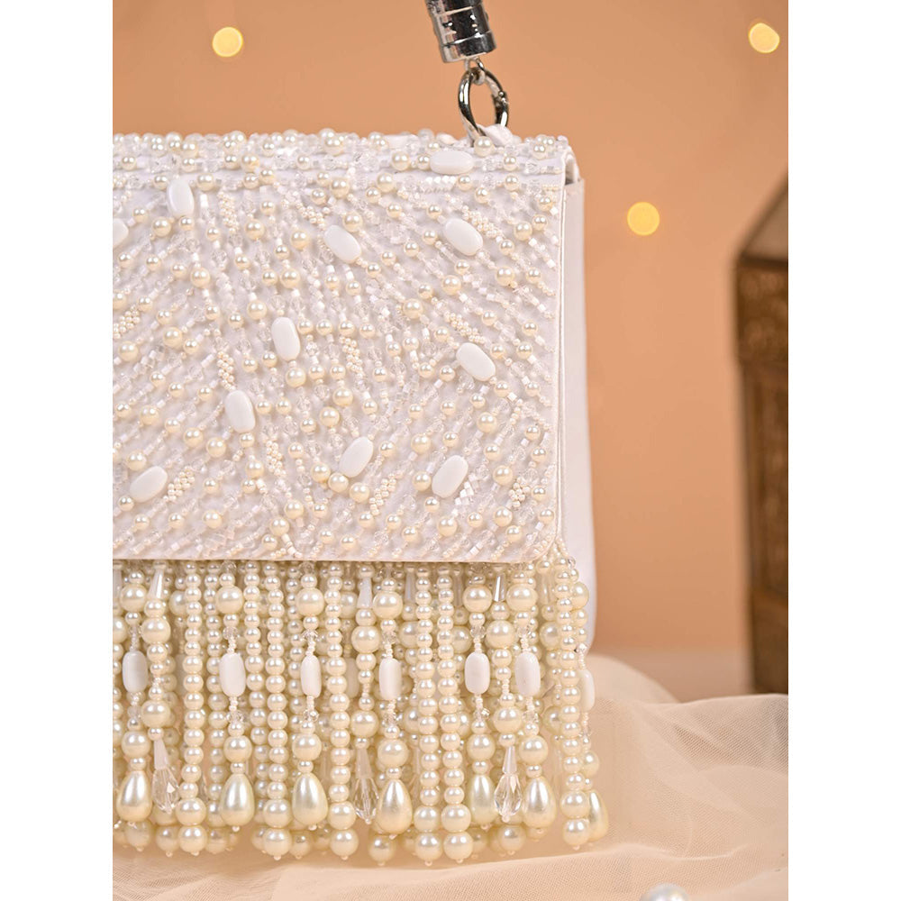 House of Vian Samara White Embellished Clutch Bag for Women