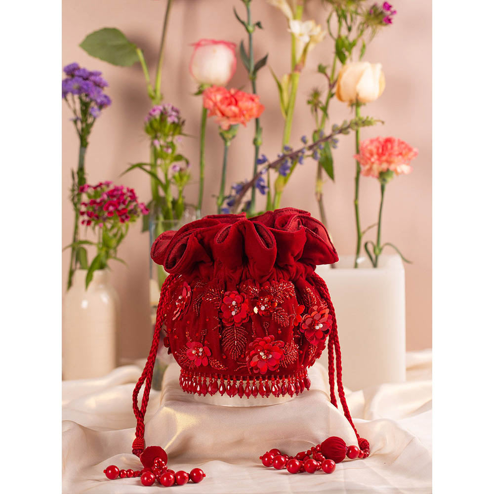 House of Vian Laila Red Embellished Potli Bag for Women