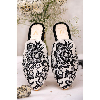 House of Vian Black Rose Embroidered Mule Flats