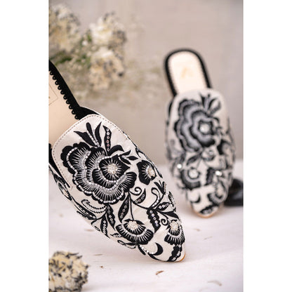 House of Vian Black Rose Embroidered Mule Flats