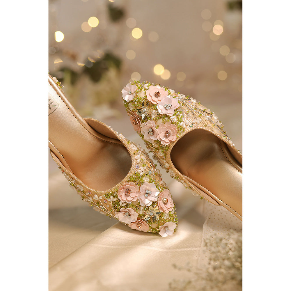 House of Vian Firdaus Gold Embroidered Mule Heels