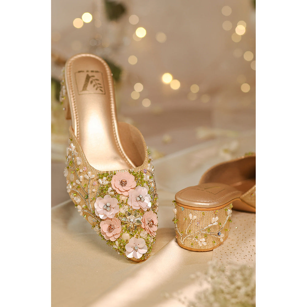House of Vian Firdaus Gold Embroidered Mule Heels