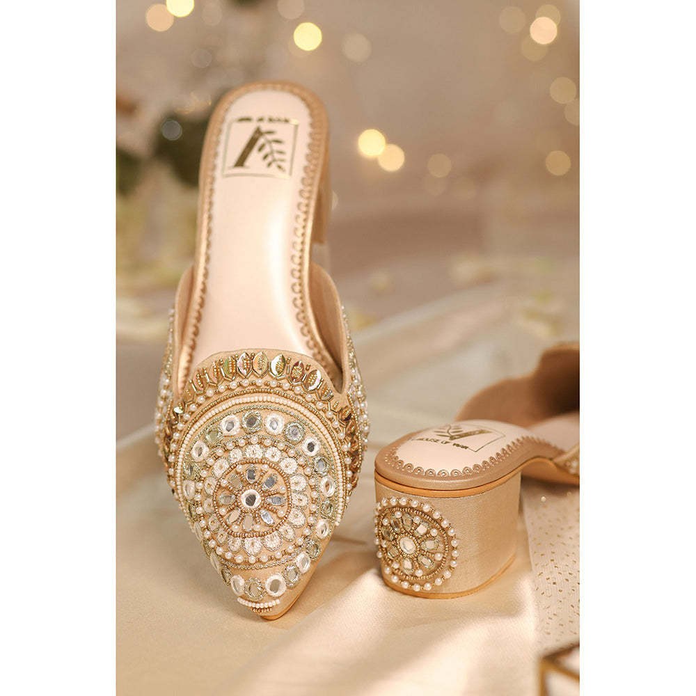 House of Vian Jharokha Gold Embroidered Mule Heels
