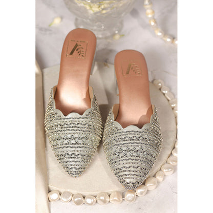 House of Vian Tara Silver Embroidered Mule Heels