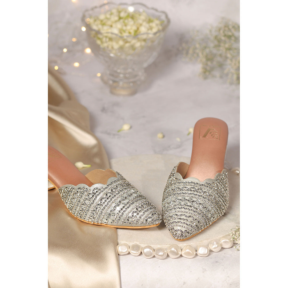 House of Vian Tara Silver Embroidered Mule Heels