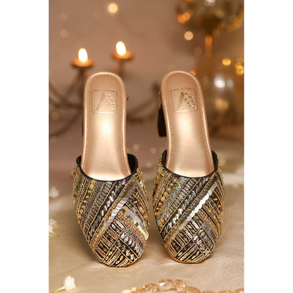 House of Vian Naaz Black Embroidered Mule Heels