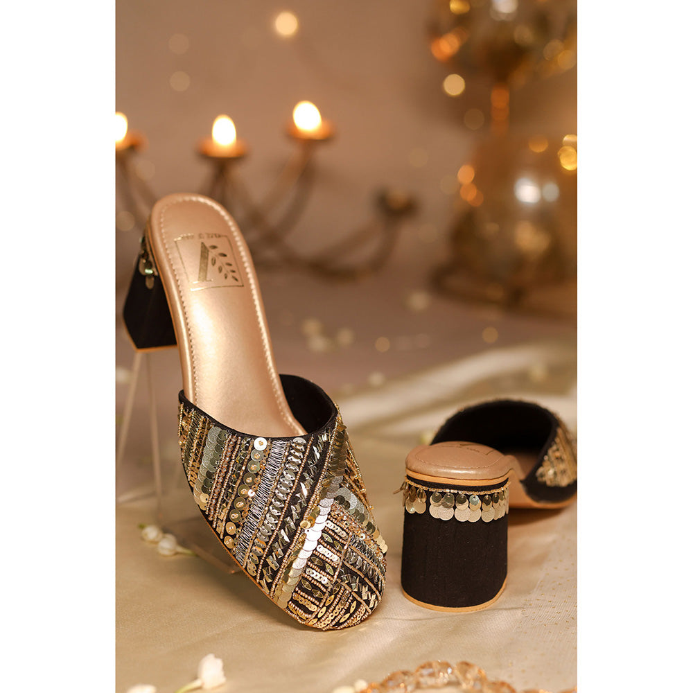 House of Vian Naaz Black Embroidered Mule Heels