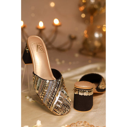 House of Vian Naaz Black Embroidered Mule Heels