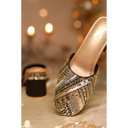 House of Vian Naaz Black Embroidered Mule Heels