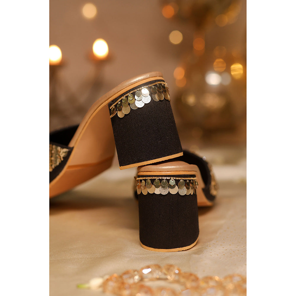 House of Vian Naaz Black Embroidered Mule Heels