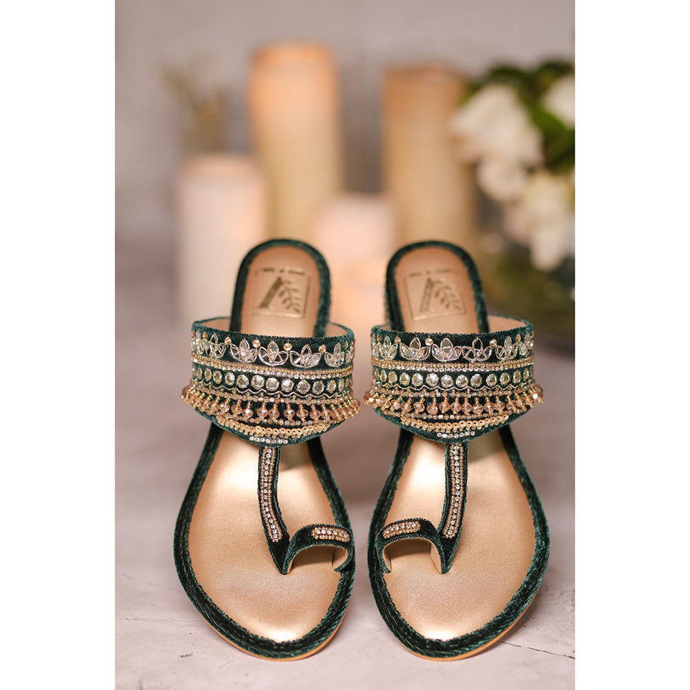House of Vian Zoya Embellished Green Block Heel Kolhapuris