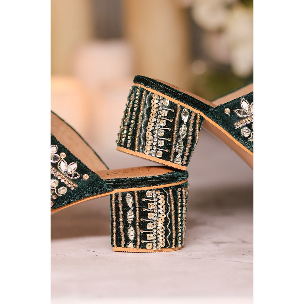 House of Vian Zoya Embellished Green Block Heel Kolhapuris