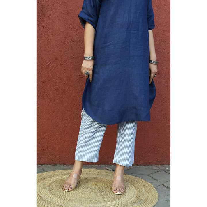 HOUSE OF MOXA Navy Blue Linen Kurta with Striped Pants (Set of 2)