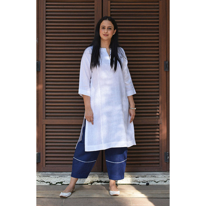 HOUSE OF MOXA White Linen Straight Fit Paneled Kurta