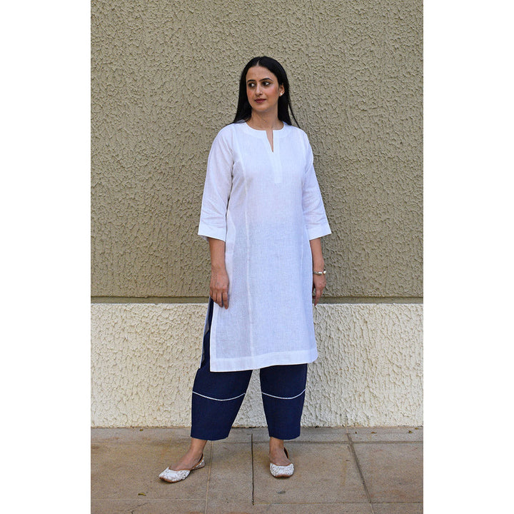 HOUSE OF MOXA White Linen Straight Fit Paneled Kurta