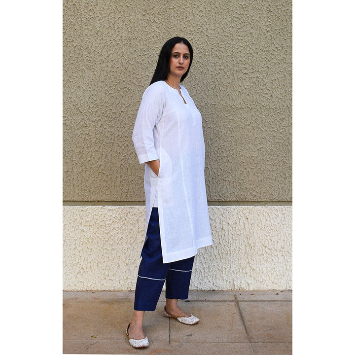 HOUSE OF MOXA White Linen Straight Fit Paneled Kurta