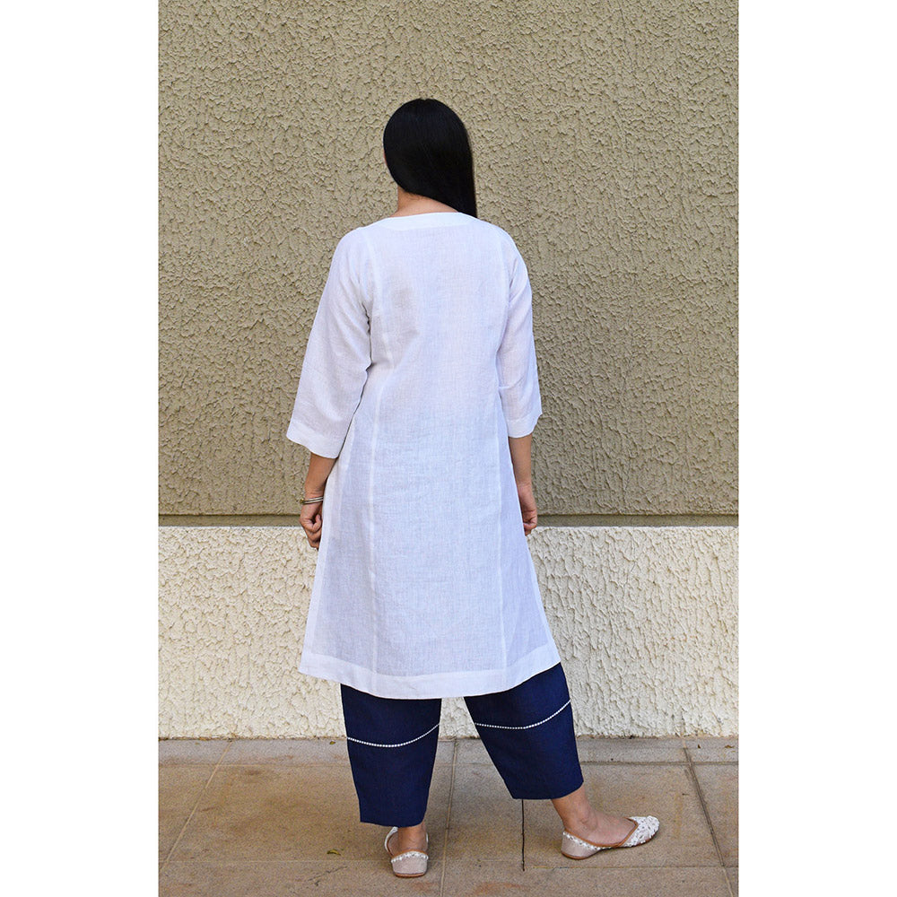 HOUSE OF MOXA White Linen Straight Fit Paneled Kurta