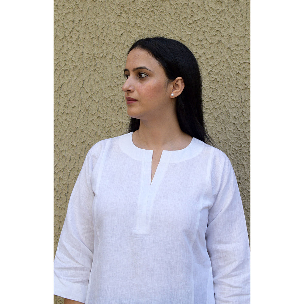 HOUSE OF MOXA White Linen Straight Fit Paneled Kurta