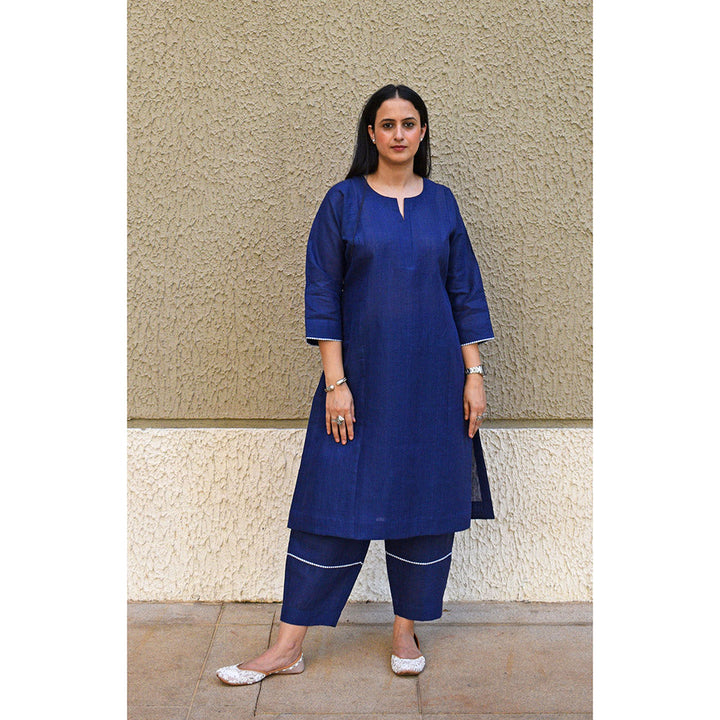 HOUSE OF MOXA Navy Blue Linen Straight Fit Paneled Kurta