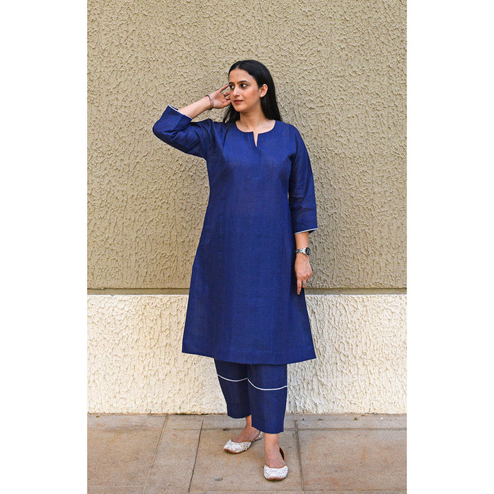 HOUSE OF MOXA Navy Blue Linen Straight Fit Paneled Kurta