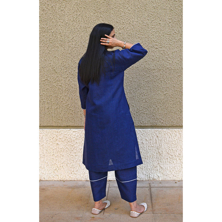 HOUSE OF MOXA Navy Blue Linen Straight Fit Paneled Kurta