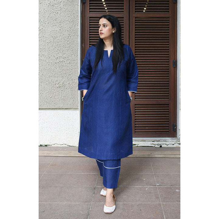 HOUSE OF MOXA Navy Blue Linen Straight Fit Paneled Kurta