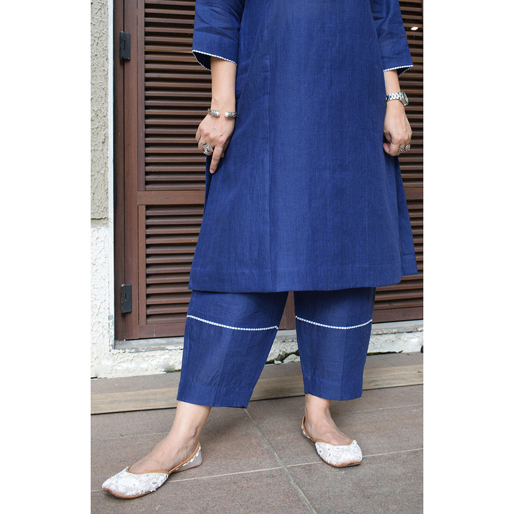 HOUSE OF MOXA Navy Blue Linen Straight Fit Paneled Kurta & Straight Pant (Set of 2)