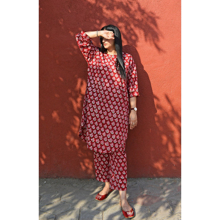 HOUSE OF MOXA Red Hand Block Printed Antifit Co-Ord (Set of 2)