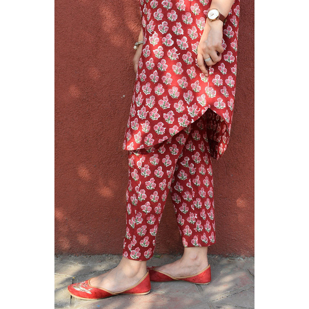 HOUSE OF MOXA Red Hand Block Printed Antifit Co-Ord (Set of 2)