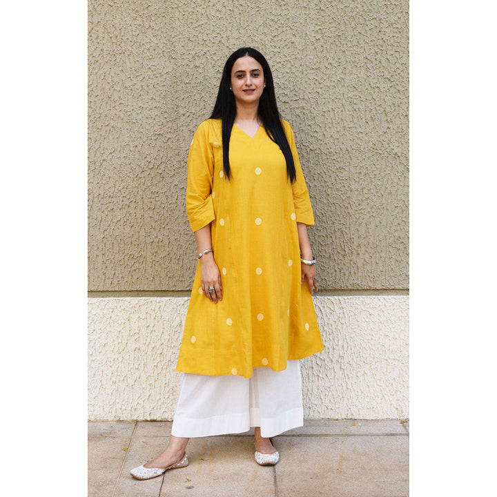 HOUSE OF MOXA Yellow Polka Dot Jamdani Kurta (Set of 2)