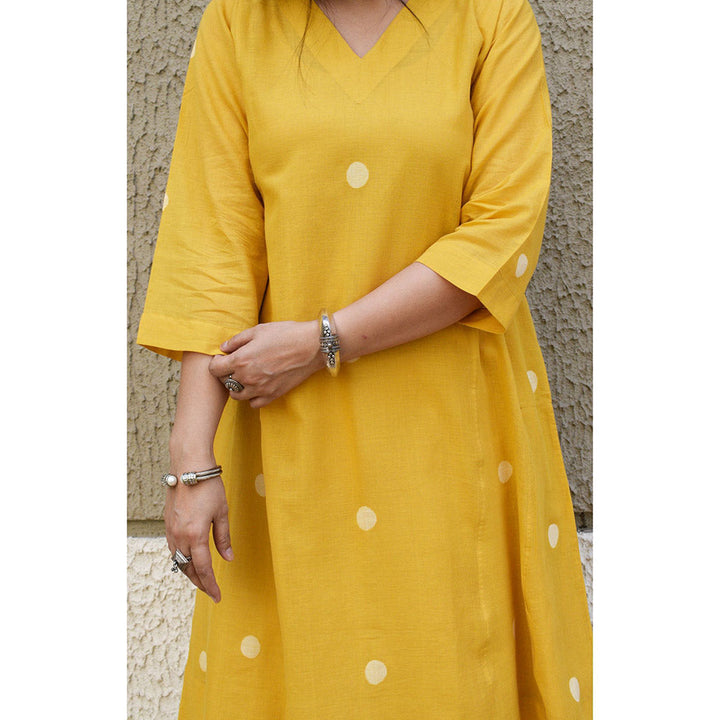 HOUSE OF MOXA Yellow Polka Dot Jamdani Kurta (Set of 2)